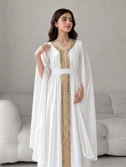 SHEIN Tween Girls Fall Dresses Girls' White Gold Long Sleeve Slit Mini Dress, Trim Ribbon Decor, Elegant Modest Autumn Abaya For Party Gala Formal