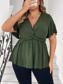 Vionelle Plus Size Women's Summer Solid Color V-Neck Bell Sleeve Short Sleeve Blouse, Peplum Top - Army Green - View 3