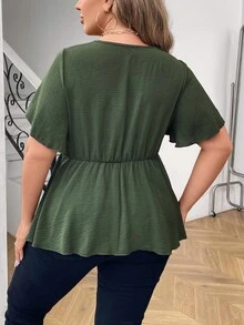 Vionelle Plus Size Women's Summer Solid Color V-Neck Bell Sleeve Short Sleeve Blouse, Peplum Top - Army Green - View 2