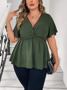 Vionelle Plus Size Women's Summer Solid Color V-Neck Bell Sleeve Short Sleeve Blouse, Peplum Top - Army Green - View 5