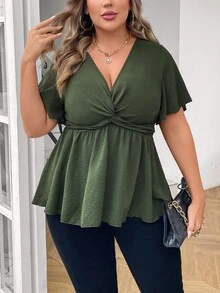 Vionelle Plus Size Women's Summer Solid Color V-Neck Bell Sleeve Short Sleeve Blouse, Peplum Top - Army Green - View 4