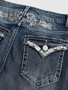 ROMWE Goth Rhinestone Embellished Wings Embroidered Flared Low Waist Jeans With Pockets, School - Navy Blue - View 2