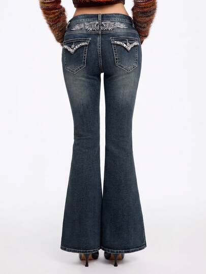 ROMWE Goth Rhinestone Embellished Wings Embroidered Flared Low Waist Jeans With Pockets, School