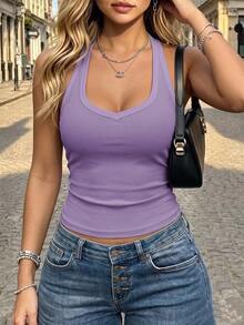 SHEIN Purple Summer Casual Tank Top,Slim Fit Ribbed Knit Solid Color Dress Top For Any Occasion,Yoga Workout Tight Fitting Tops For Women - Purple - View 4