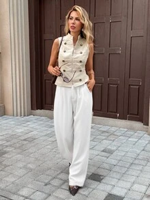 SHEIN PariChic 女款優雅法式風格無袖雙排扣上衣 - 卡其色 - 查看 6