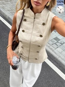 SHEIN PariChic 女款優雅法式風格無袖雙排扣上衣 - 卡其色 - 查看 3