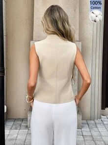 SHEIN PariChic 女款優雅法式風格無袖雙排扣上衣 - 卡其色 - 查看 2