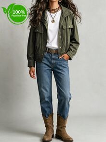 Ceyna Áo khoác ngắn nữ size lớn phong cách tiện dụng rộng rãi cổ điển, không chứa flo, cổ đứng cao, cài nhiều nút, màu xanh ô liu cho mùa thu - xanh quân đội - Xem 4