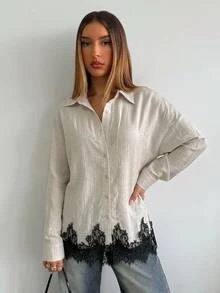 Aloruh Women's Elegant Casual Commute Colorblock Lace Patchwork Everyday Date Blouse, Khaki Shirt, Office, Going Out Top, Work Tops, Social, Solid Color Fall - Light Grey - View 6