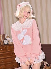 Sweetness Women's Autumn/Winter Pink Rabbit Plush Embroidered Drop Shoulder Pullover Sweater - Pink - View 1