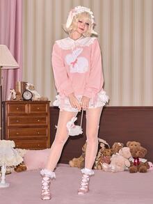Sweetness Women's Autumn/Winter Pink Rabbit Plush Embroidered Drop Shoulder Pullover Sweater - Pink - View 7