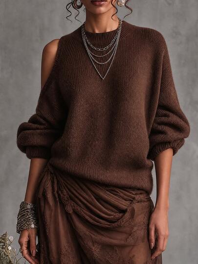 SHEIN كنزة صوفية نسائية بياقة دائرية وأكمام طويلة فضفاضة، محبوكة للربيع/الخريف/الشتاء، كنزة بنية فضفاضة للخريف/الشتاء، بأسلوب كوري لطيف للارتداء اليومي العادي، كنزة صوفية متعددة الاستخدامات بأكمام فانوس على كتف واحد