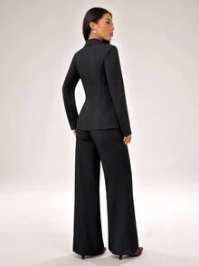SHEIN PETITE Elegant Suits Two Pieces Outfits,Single-Button Blazer Set And Suit Pants,Autumn Office Business Corporate Attire For Commuting ,Petite Women - Black - View 2