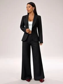 SHEIN PETITE Elegant Suits Two Pieces Outfits,Single-Button Blazer Set And Suit Pants,Autumn Office Business Corporate Attire For Commuting ,Petite Women - Black - View 5