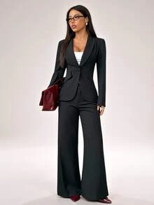 SHEIN PETITE Elegant Suits Two Pieces Outfits,Single-Button Blazer Set And Suit Pants,Autumn Office Business Corporate Attire For Commuting ,Petite Women - Black - View 1