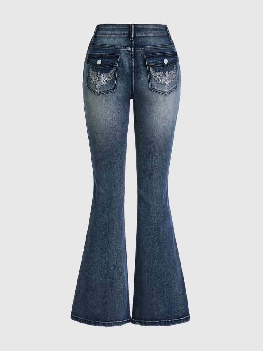 ROMWE Grunge Punk Punk Style Vintage Embroidered Skinny Low Waist Flare Leg Jeans For Women - Grey - View 1
