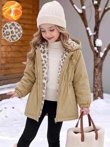 SHEIN Elladie kids Young Girls Winter Jacket Featuring Leopard-Print Plush Paneling And A Thickened Lining; Warm And Comfortable For Hooded Winter Wear. - Khaki - View 1