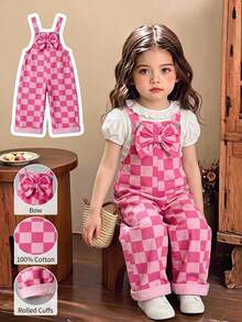SHEIN 女童秋季粉色格紋蝴蝶結裝飾牛仔吊帶褲 可愛格紋鄉村風學院風牛仔女牛仔褲休閒背帶褲連身褲秋季服飾 - 粉色 - 查看 2