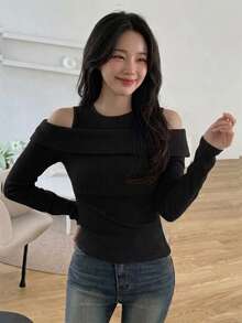 Dazy Kids Teen Girl Solid Color Casual Versatile Daily Long Sleeve T-Shirt - Black - View 3