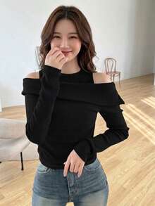 Dazy Kids Teen Girl Solid Color Casual Versatile Daily Long Sleeve T-Shirt - Black - View 2
