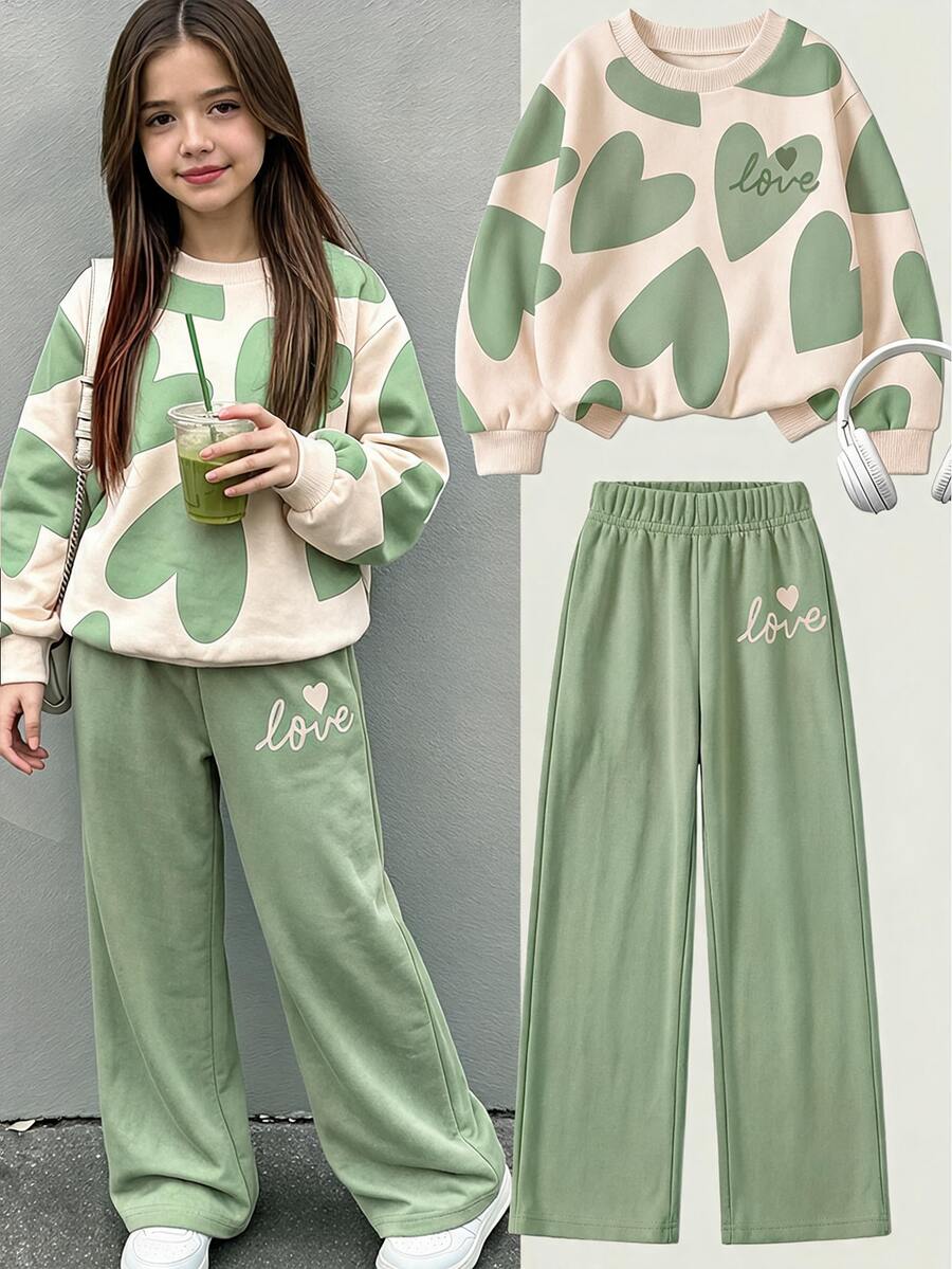 Girls' Leopard Print Drop Shoulder Sweatshirt And Wide Leg Pants 2 Pieces Set, Casual Long Sleeve Streetwear, Autumn/Winter Daily Outfit - Multicolor - View 1