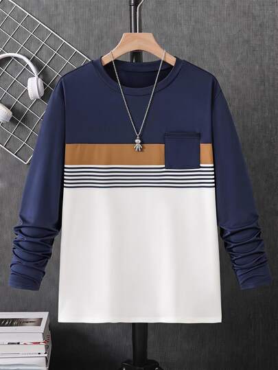 Vacaura Camiseta de manga larga azul marino para adolescentes, estilo universitario versátil, con rayas y patchwork, holgada, linda, para fiestas, vacaciones y sexto año