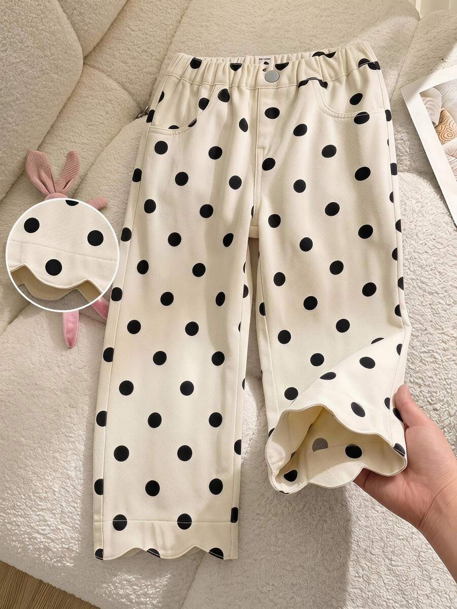 SHEIN 女童藍色波點寬腿牛仔褲,波浪下擺,寬鬆直筒版型,100%純棉丹寧,修身風格,休閒牛仔女郎西式日常上學夏季款 - 黑與白 - 查看 1