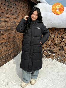 SHEIN 秋冬新款女童青少年黑色連帽長款棉襖，極簡絎縫直筒寬鬆膝長棉襖，前胸小Logo裝飾拉鍊百搭棉襖，學生休閒百搭落肩長袖純色連帽棉襖，日常通勤慵懶寬鬆長款棉襖上衣 - 黑色 - 查看 3