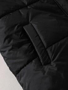 SHEIN 秋冬新款女童青少年黑色連帽長款棉襖，極簡絎縫直筒寬鬆膝長棉襖，前胸小Logo裝飾拉鍊百搭棉襖，學生休閒百搭落肩長袖純色連帽棉襖，日常通勤慵懶寬鬆長款棉襖上衣 - 黑色 - 查看 6