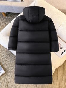 SHEIN 秋冬新款女童青少年黑色連帽長款棉襖，極簡絎縫直筒寬鬆膝長棉襖，前胸小Logo裝飾拉鍊百搭棉襖，學生休閒百搭落肩長袖純色連帽棉襖，日常通勤慵懶寬鬆長款棉襖上衣 - 黑色 - 查看 2