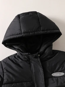 SHEIN 秋冬新款女童青少年黑色連帽長款棉襖，極簡絎縫直筒寬鬆膝長棉襖，前胸小Logo裝飾拉鍊百搭棉襖，學生休閒百搭落肩長袖純色連帽棉襖，日常通勤慵懶寬鬆長款棉襖上衣 - 黑色 - 查看 5