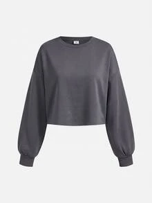 SHEIN Girlism Teen Girl Long Sleeve Crew Neck Dropped Shoulder Casual Basic Everyday Autumn Winter Sweatshirt - Dark Grey - View 3