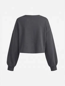 SHEIN Girlism Teen Girl Long Sleeve Crew Neck Dropped Shoulder Casual Basic Everyday Autumn Winter Sweatshirt - Dark Grey - View 2