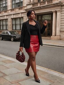 Firerie Plus Size Women Solid Color PU Leather Bodycon Fashion Sexy Elegant Skirt Night Evening Red, Fall/Winter, Christmas, Thanksgiving, New Year, Disco - Burgundy - View 5