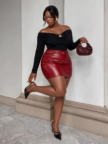 Firerie Plus Size Women Solid Color PU Leather Bodycon Fashion Sexy Elegant Skirt Night Evening Red, Fall/Winter, Christmas, Thanksgiving, New Year, Disco - Burgundy - View 9