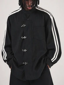 SUMWON Mandarin Collar Pinstripe Shirt With Metal Hook Closures And Racing Stripe Sleeves For Spring Occasions - Black - View 3