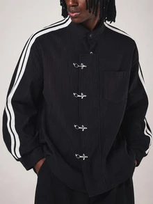 SUMWON Mandarin Collar Pinstripe Shirt With Metal Hook Closures And Racing Stripe Sleeves For Spring Occasions - Black - View 6