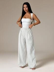SHEIN PETITE 女款商務休閒黑白條紋西裝長褲，高腰大碼寬腿長褲，辦公室穿搭，百褶闊腿褲，秋季，小個女款 - 白色 - 查看 7