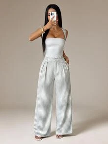 SHEIN PETITE 女款商務休閒黑白條紋西裝長褲，高腰大碼寬腿長褲，辦公室穿搭，百褶闊腿褲，秋季，小個女款 - 白色 - 查看 2