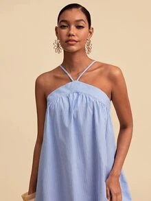 Travachic Women's Halter Neck Pleated Casual Striped Dress - Blue - View 5