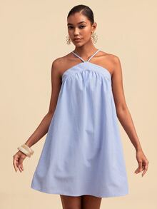 Travachic Women's Halter Neck Pleated Casual Striped Dress - Blue - View 4