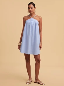 Travachic Women's Halter Neck Pleated Casual Striped Dress - Blue - View 8