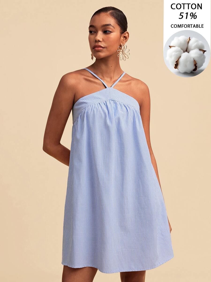 Travachic Women's Halter Neck Pleated Casual Striped Dress - Blue - View 1