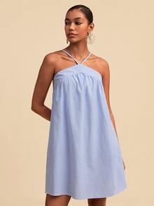 Travachic Women's Halter Neck Pleated Casual Striped Dress - Blue - View 7