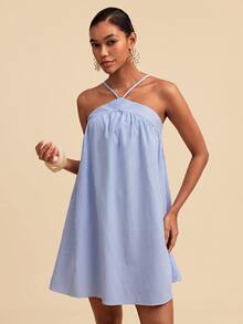 Travachic Women's Halter Neck Pleated Casual Striped Dress - Blue - View 3