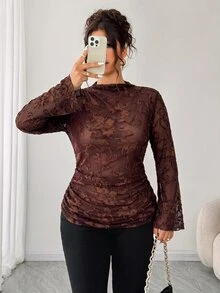 Elenzga 大尺碼女款圓領透視網紗優雅上衣，棕色3D花卉刺繡長袖收腰修身襯衫，感恩節、萬聖節晚宴、秋冬晚裝、約會之夜、婚禮賓客穿搭、生日雞尾酒會 - 棕色 - 查看 6