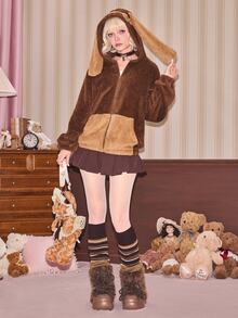 ROMWE Kawaii 女款秋冬仿兔毛絨連帽外套，可愛兔耳動物設計 - 彩色 - 查看 6