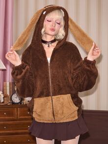 ROMWE Kawaii 女款秋冬仿兔毛絨連帽外套，可愛兔耳動物設計 - 彩色 - 查看 1
