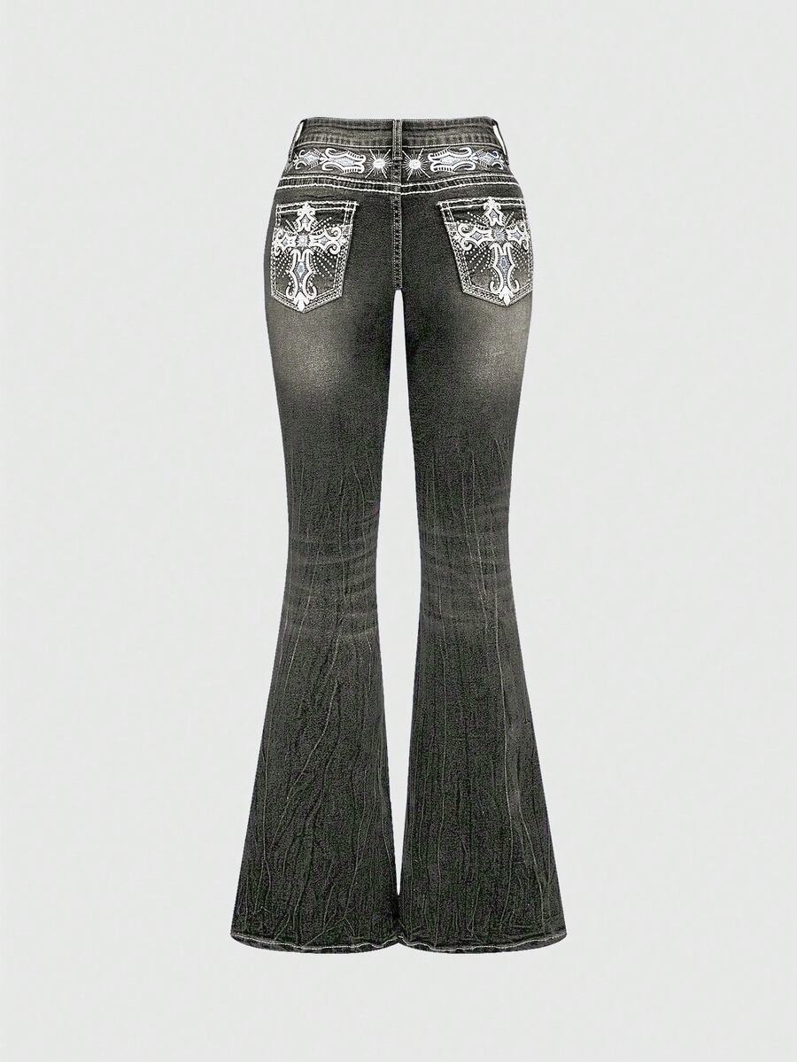 ROMWE Grunge Punk Y2K Vintage Flare Low Waist Jeans For Women, Pocket Cross Embroidery Slim Fit Flared Jeans - Black - View 1