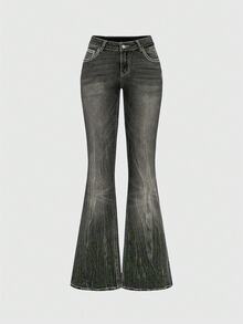 ROMWE Grunge Punk Y2K Vintage Flare Low Waist Jeans For Women, Pocket Cross Embroidery Slim Fit Flared Jeans - Black - View 4